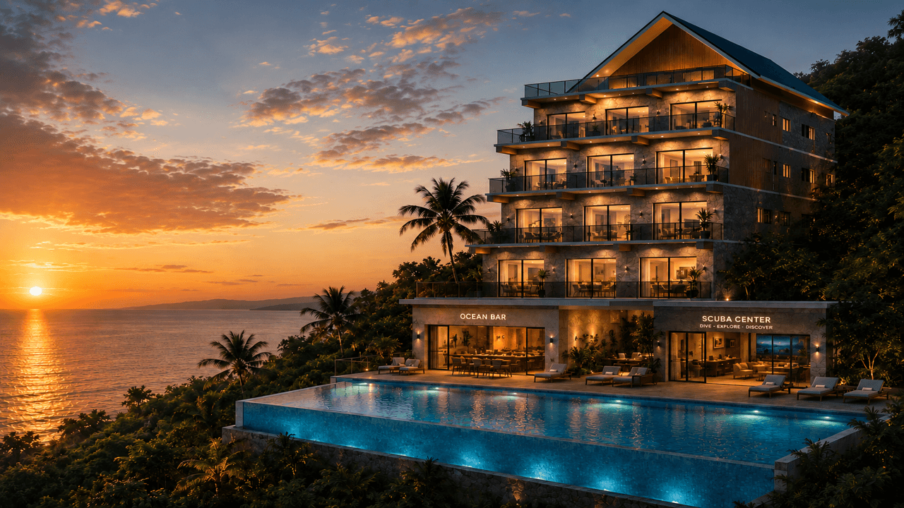Ocean View Residences at dusk, above the infinity pool, Ocean Bar and Scuba Centre
